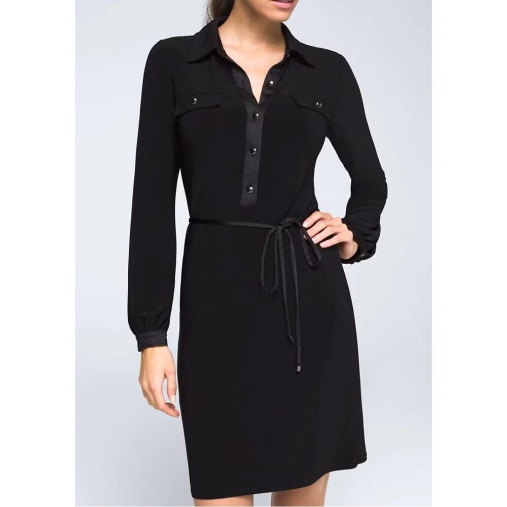 NEW White House Black Market Long Sleeve Satin-Trim Jersey Shirt Dress Medium P